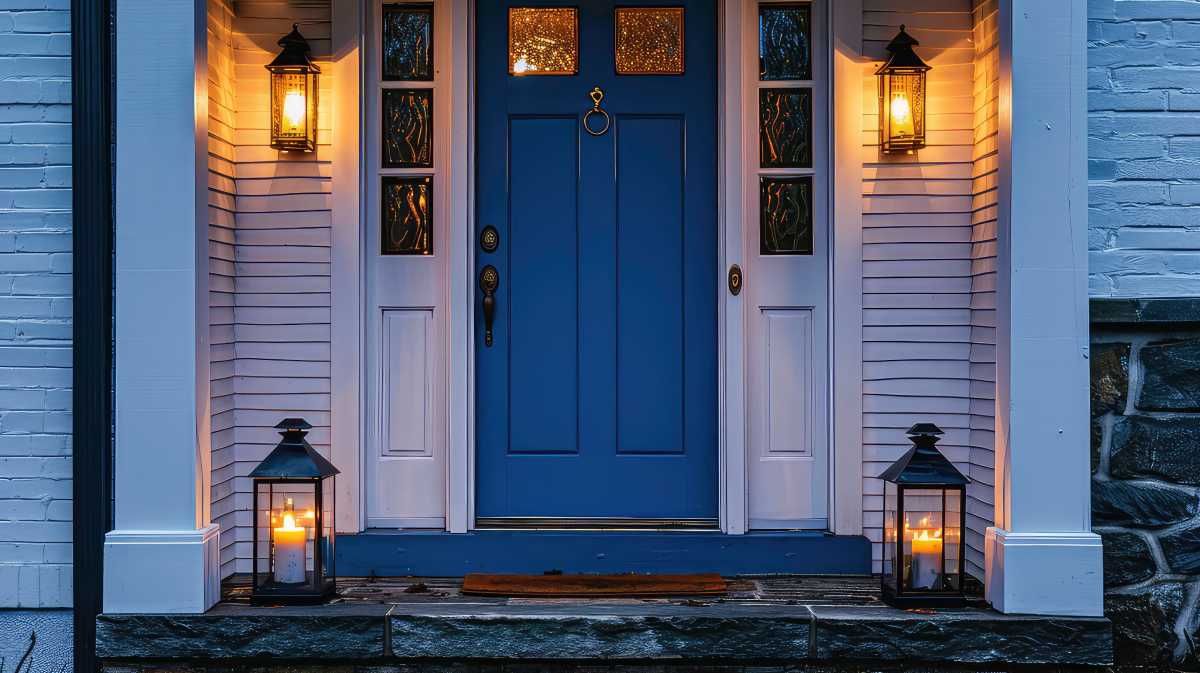 A blue door with modern light fixtures