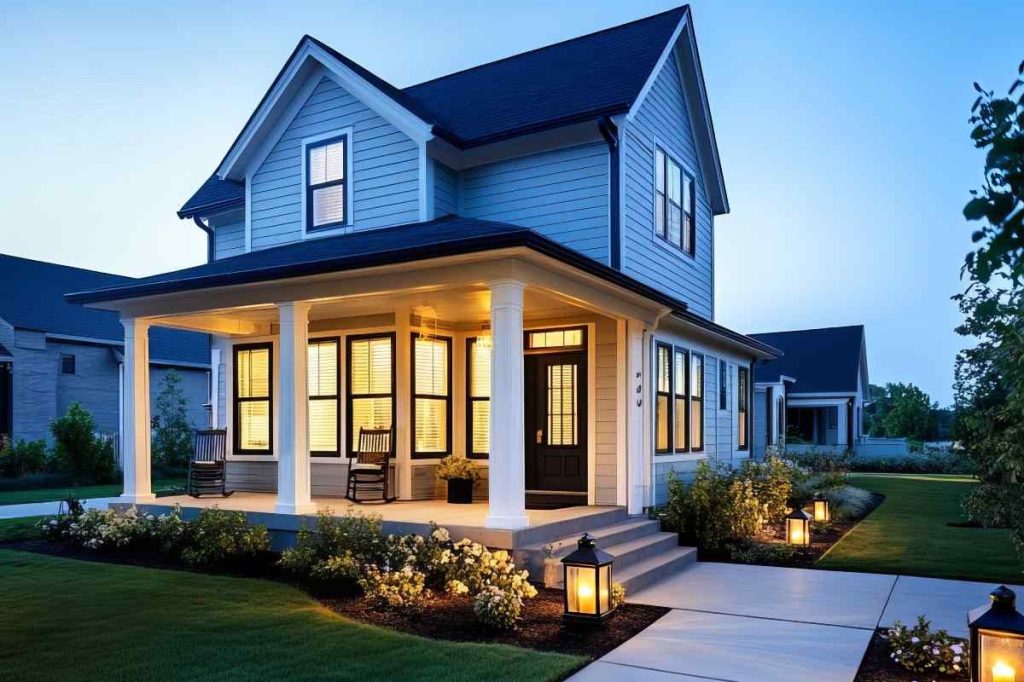 Suburban house with a front porch with LED lanterns along stairs