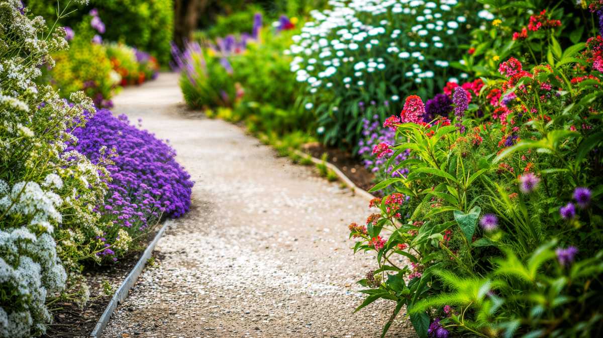 Decorative border of plants along garden Pathway