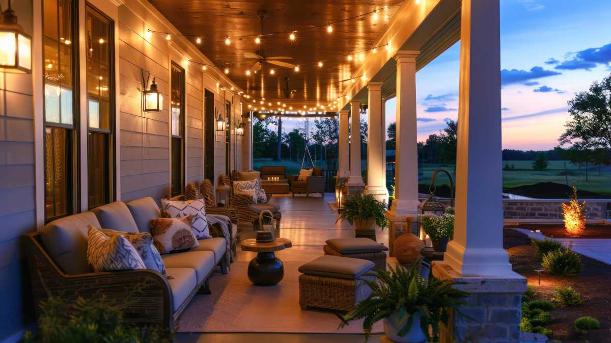 A front porch decorated with string lights