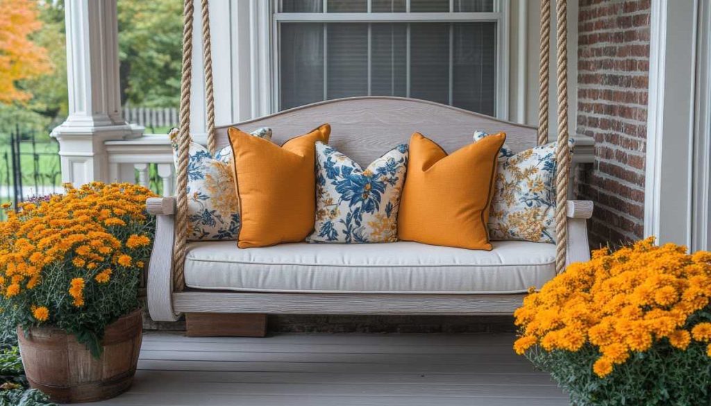 Front porch with a swing with colorful pillows