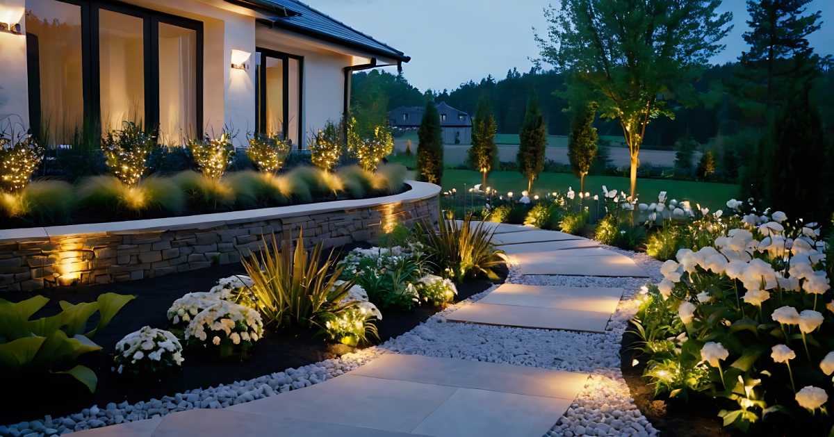 A beautiful landscaped garden with stone inlays