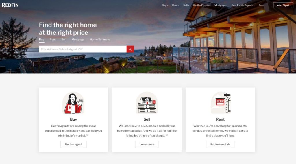 Real estate website design by  by Custom for Redfin (landing page screenshot)