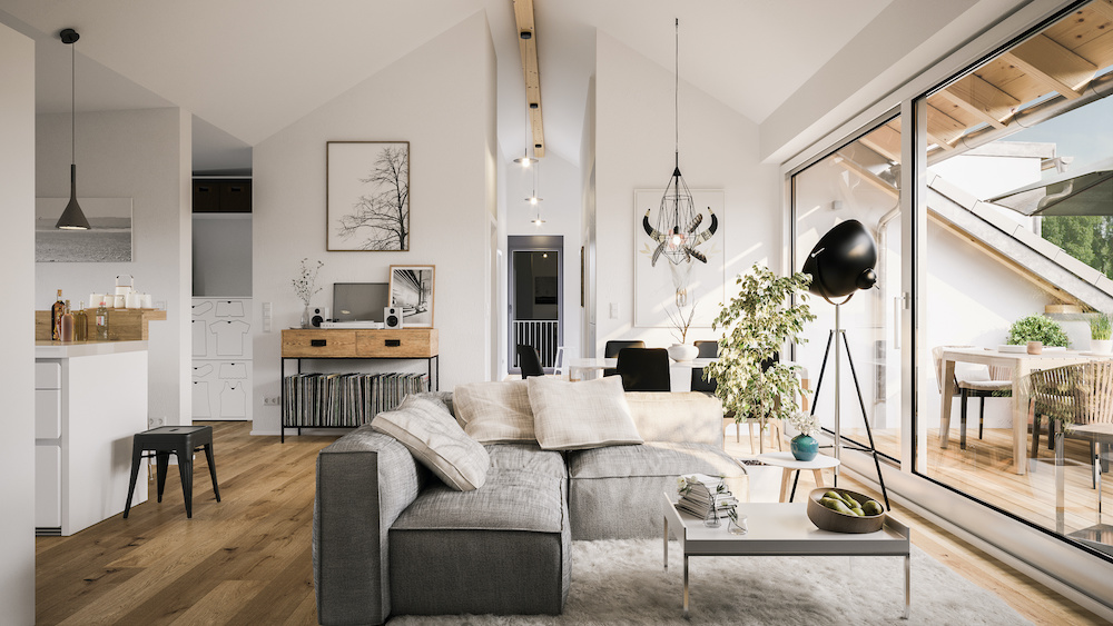 view inside modern luxury attic loft apartment - 3d rendering