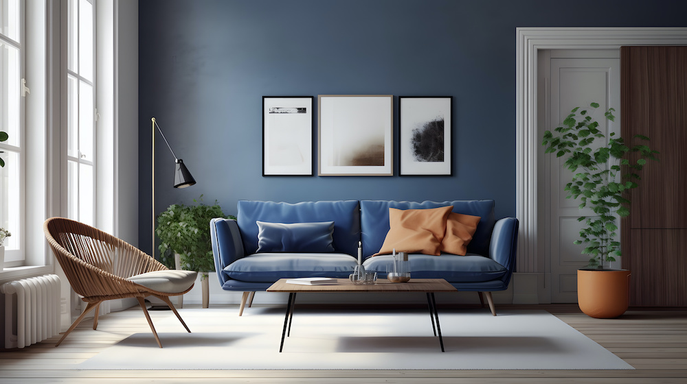 Dark blue sofa and recliner chair in scandinavian apartment. Interior design of modern living room. Created with generative