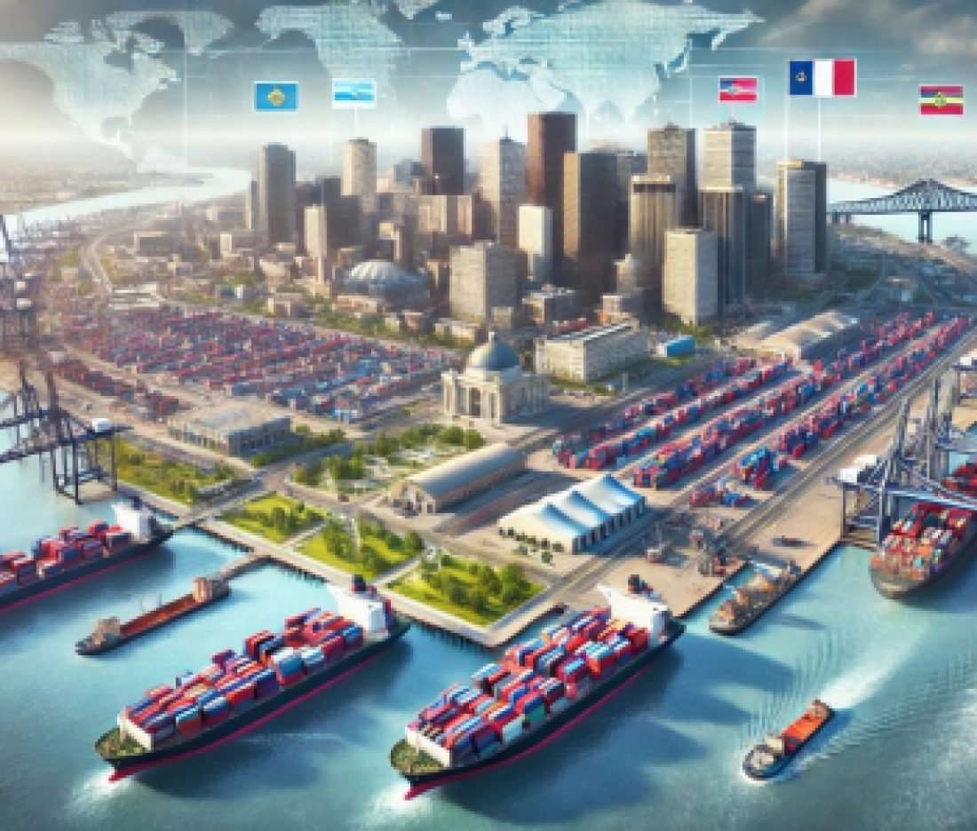 DALL·E 2025-04-15 12.58.24 - A realistic, wide-angle digital illustration of Louisiana as a major import and export trade hub. The image features a bustling port in New Orleans wi