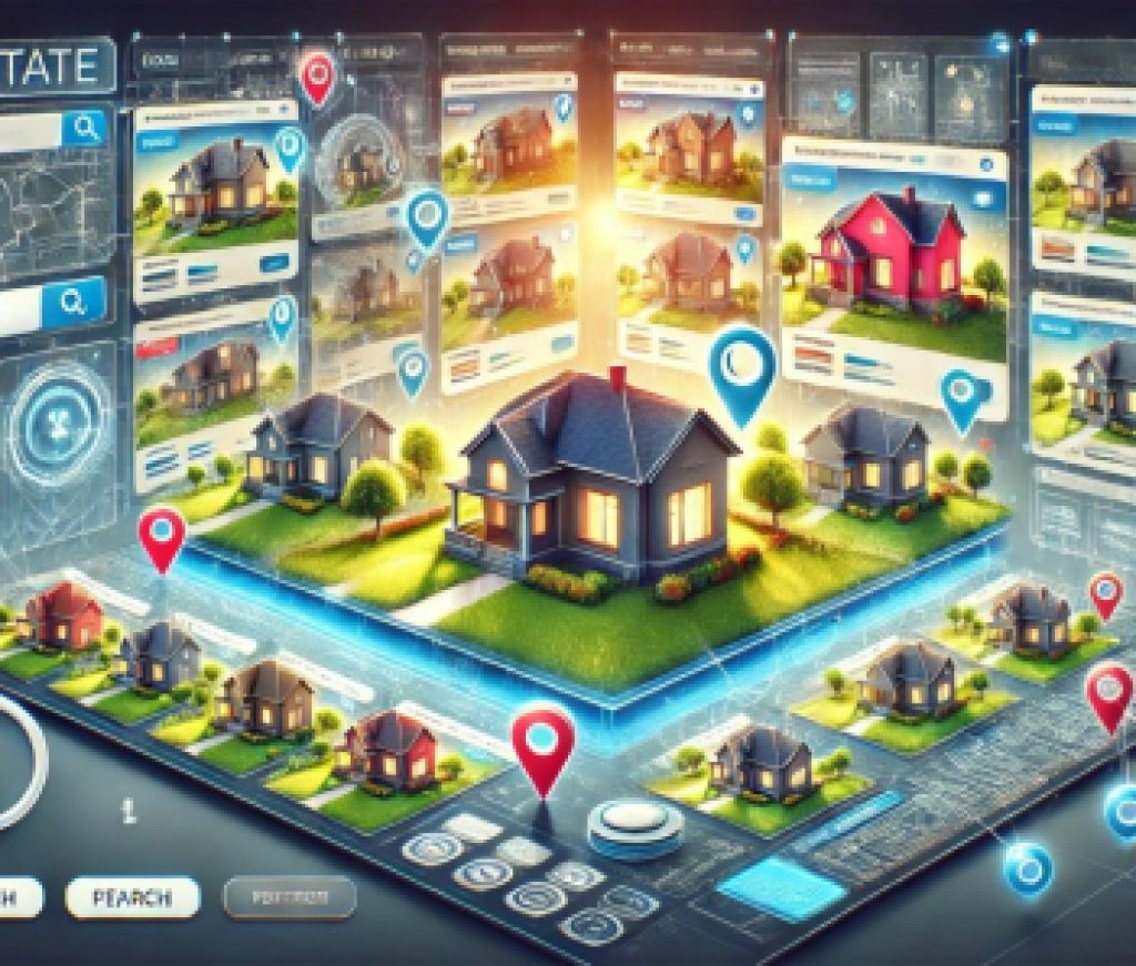 DALL·E 2025-04-16 13.50.13 - An artistic, high-quality digital illustration of a real estate website interface showcasing multiple home listings, inspired by popular platforms lik