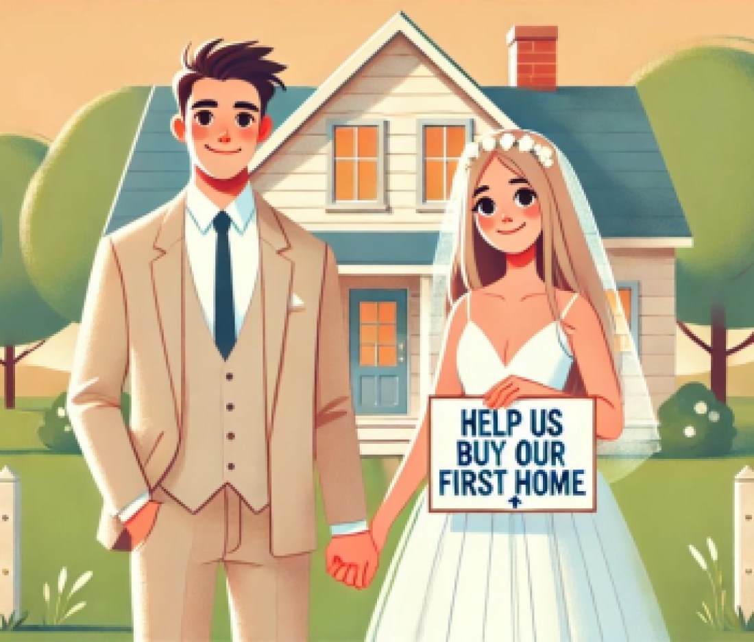 DALL·E 2025-04-23 11.52.05 - Heartwarming illustration of a newlywed couple standing in front of a small, cozy house with a sign that reads 'Help us buy our first home'. The coupl