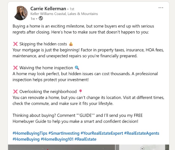 LinkedIn post from Carrie Kellerman showing hashtag examples.
