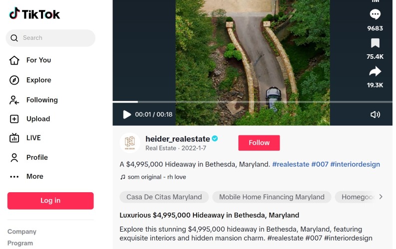TikTok post from Heider Real Estate showing examples of hashtags.