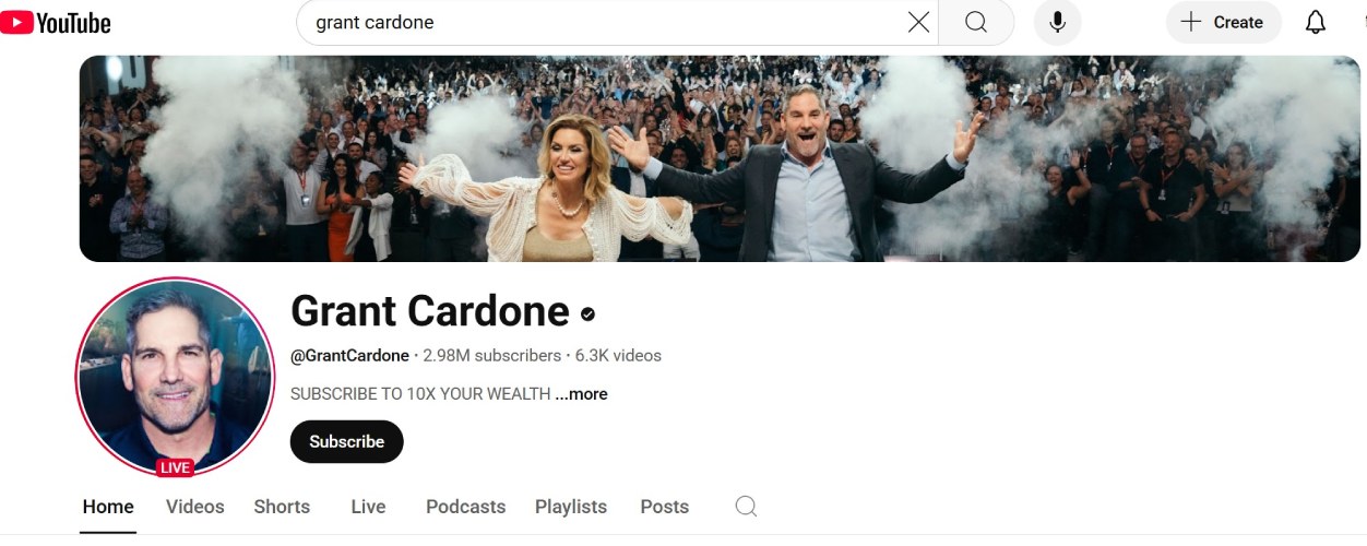 YouTube home page for Grant Cardone.